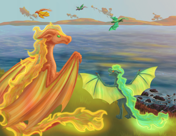 digital art of glowing dragons by a lake.