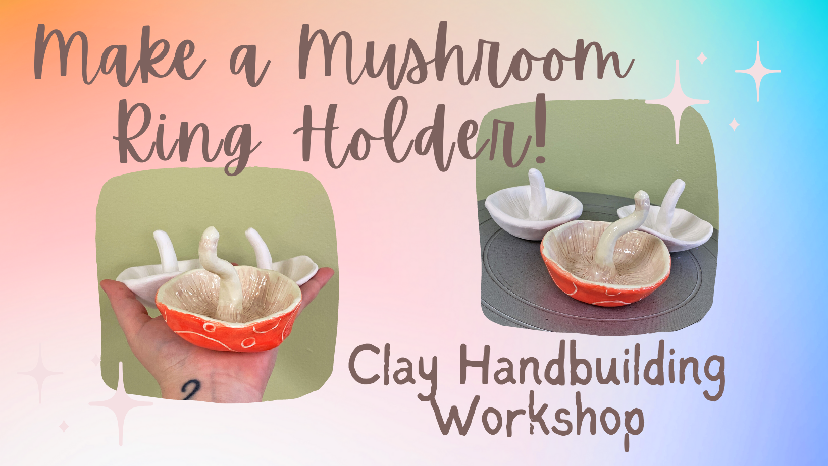 Make a mushroom ring holder -- clay handbuilding workhop. pictures of a ring holder that looks like an upside down mushroom