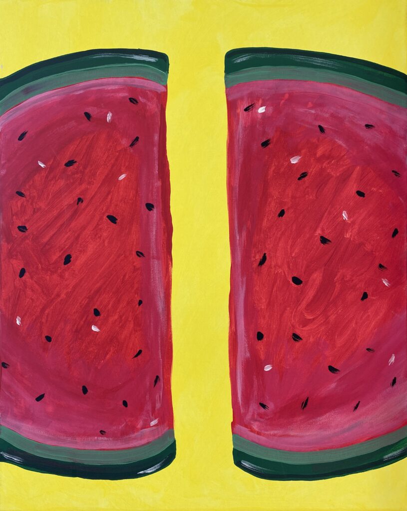 acrylic painting of two watermelon slices on a flat yellow background