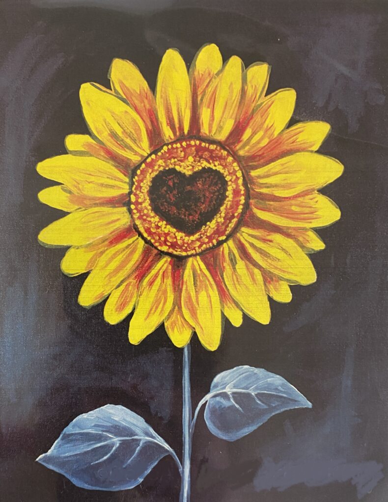 acrylic painting of a sunflower where the center of the sunflower looks like a heart
