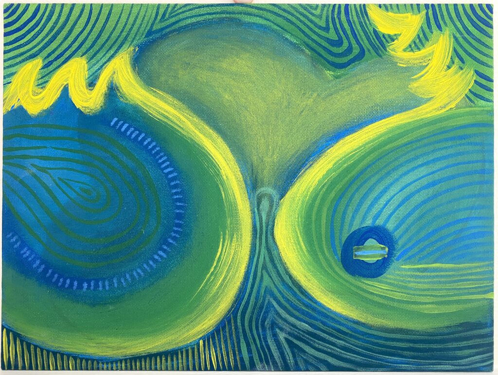 abstract painting with thin concentric lines and big sweeping yellow lines sectioning off round areas