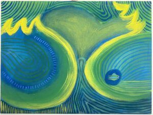 abstract painting with thin concentric lines and big sweeping yellow lines sectioning off round areas