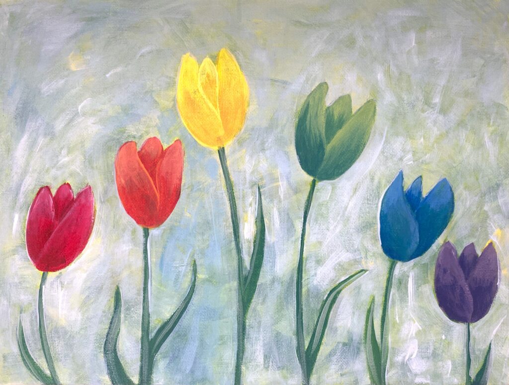 acrylic painting of 6 tulips in rainbow colors against a blue background