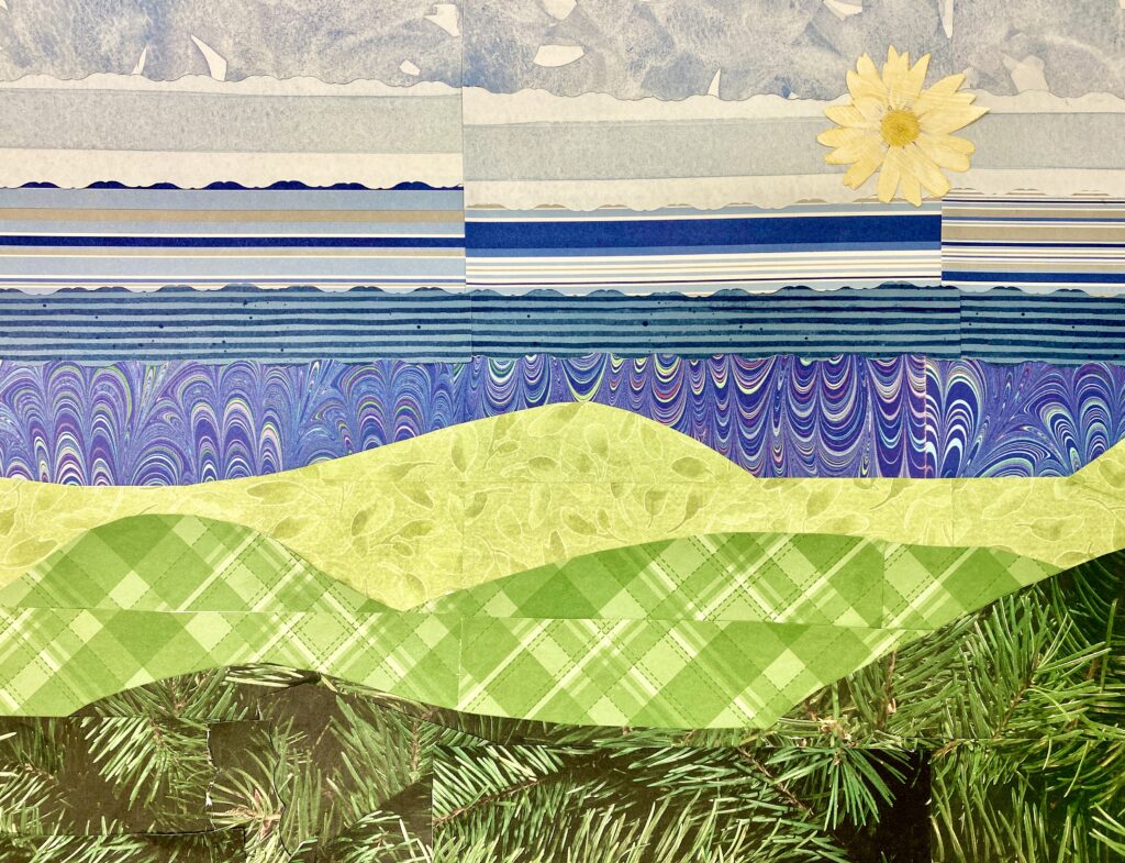 landscpae made out of paper collage. blue sky, green hills, a yellow flower as the sun