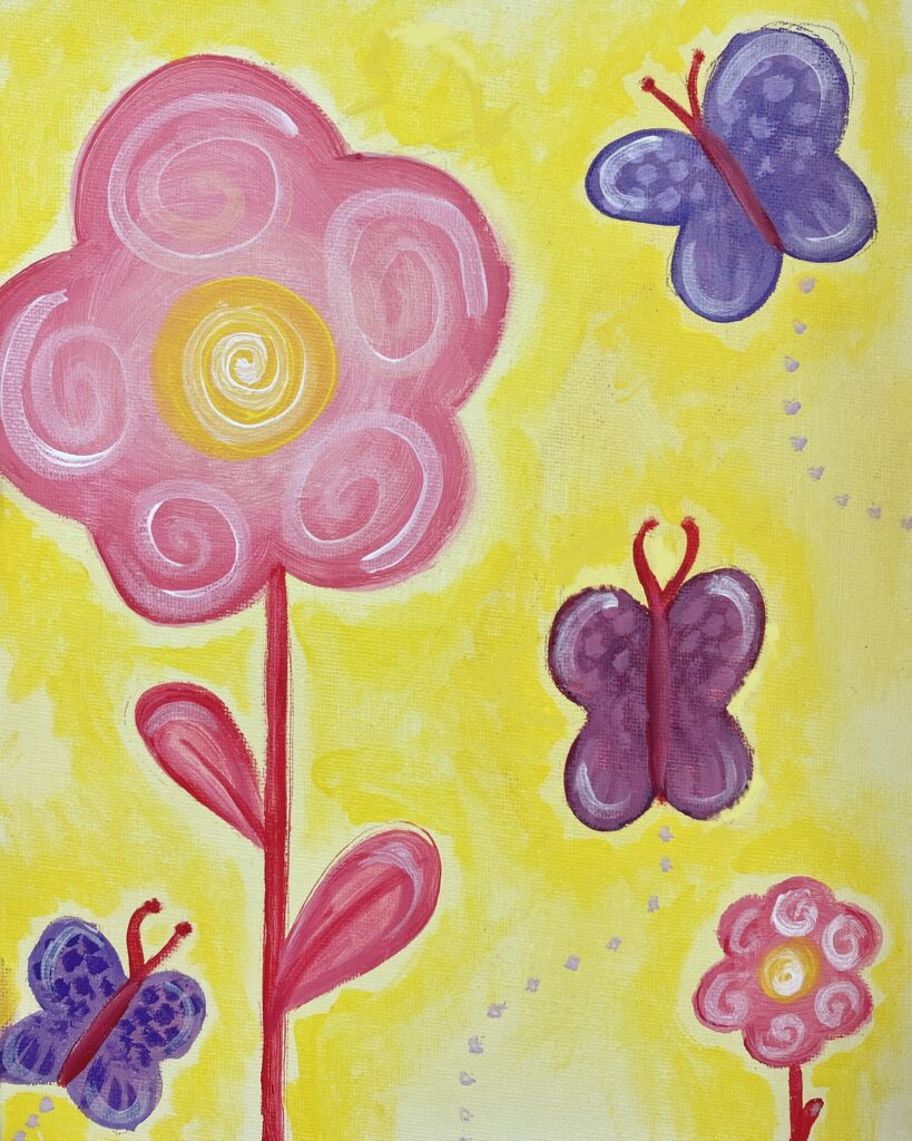 painting of simple pink flowers and simple purple butterflies