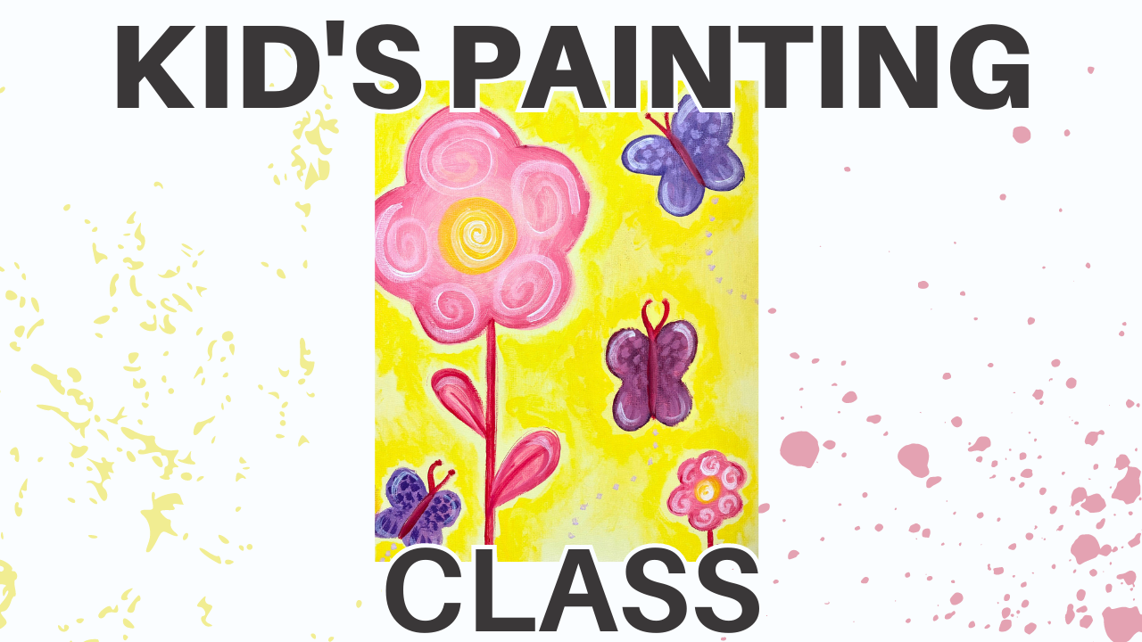 kids painting class with an image of a painting with pink flowers and purple butterflies