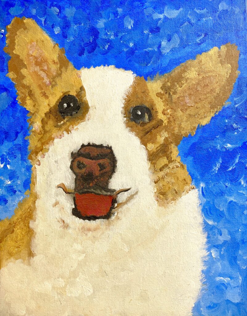 painting of a corgi dog with impressionistic brushstrokes with a vibrant background 