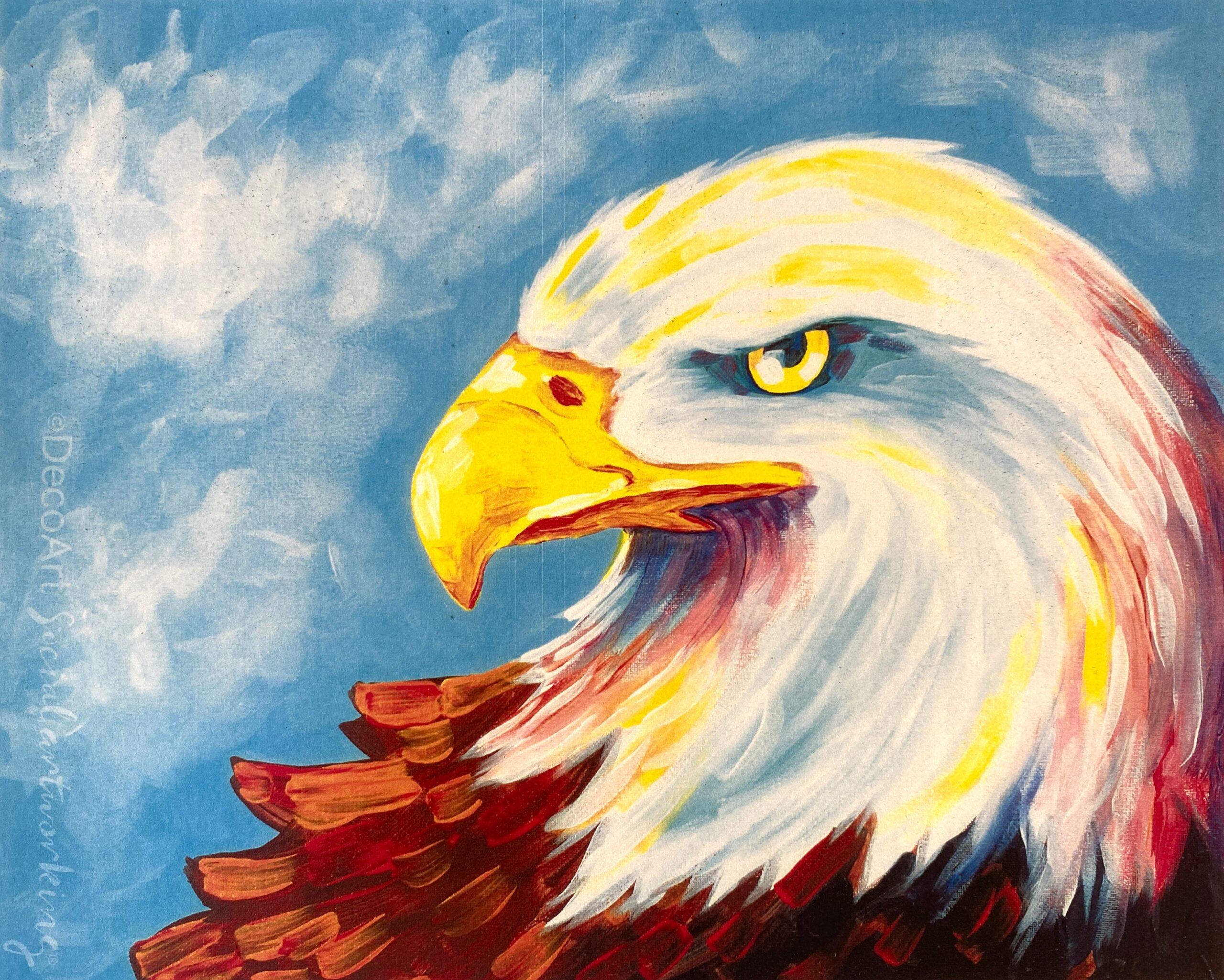 painting of an eagle head with abstract colorful colors included in the feathers