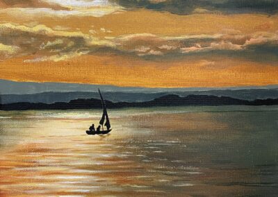 painting of a river at sunset with mountains in the far distance and two people on a sailboat silhouetted by the sunset