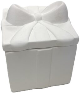 ceramic bisque box in the shape of a wrapped present with a bow