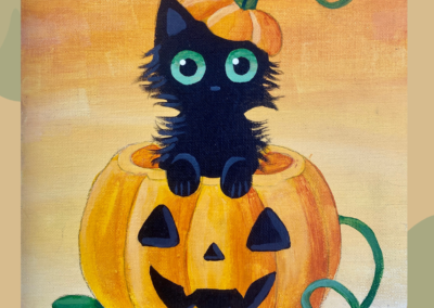 text reads "painting party" with a picture of a panting of a big-eyed black kitten inside of a jack-o-lantern