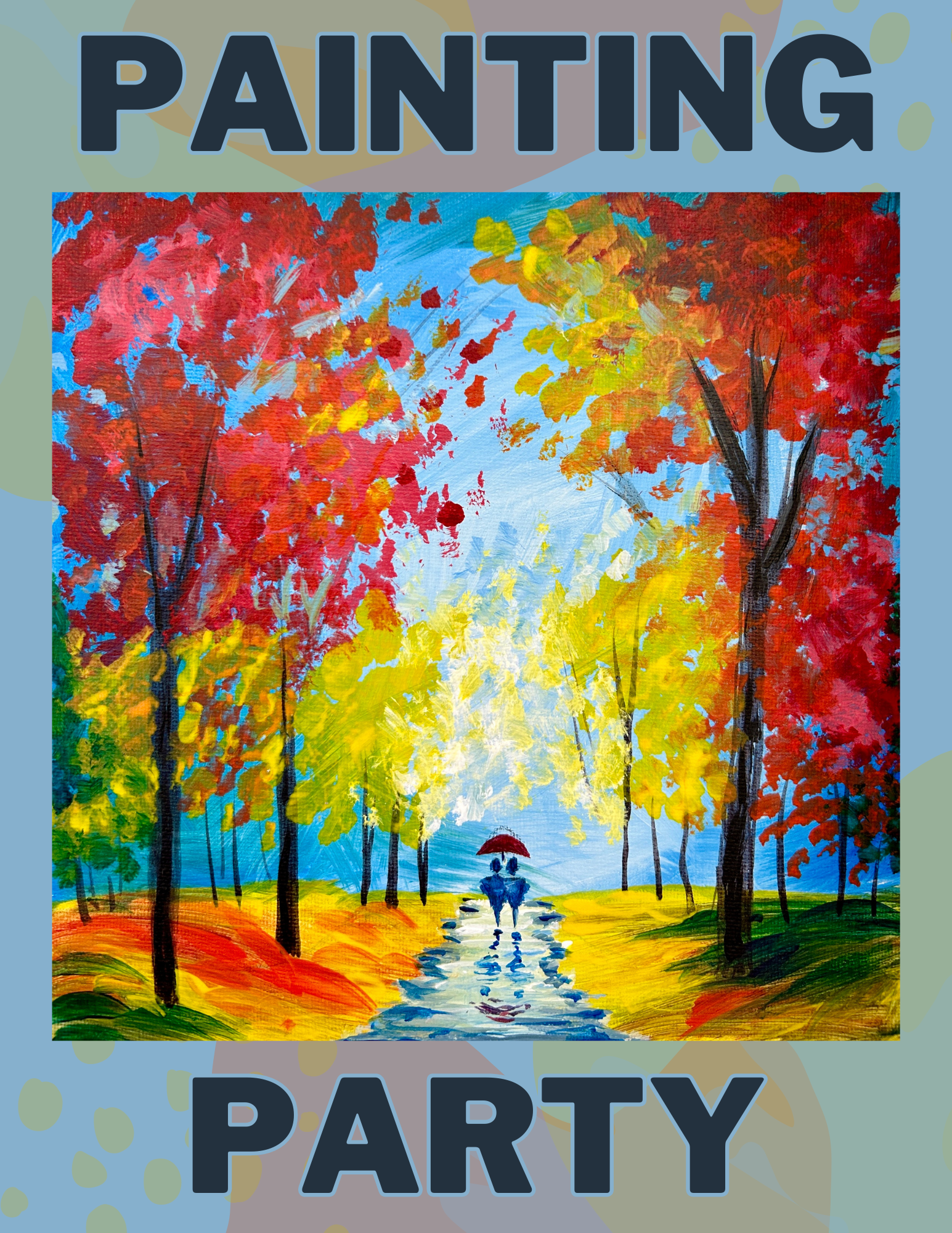 image of a painting of trees with yellow and red leaves with colorful ground and two people standing in the middle with an umbrella